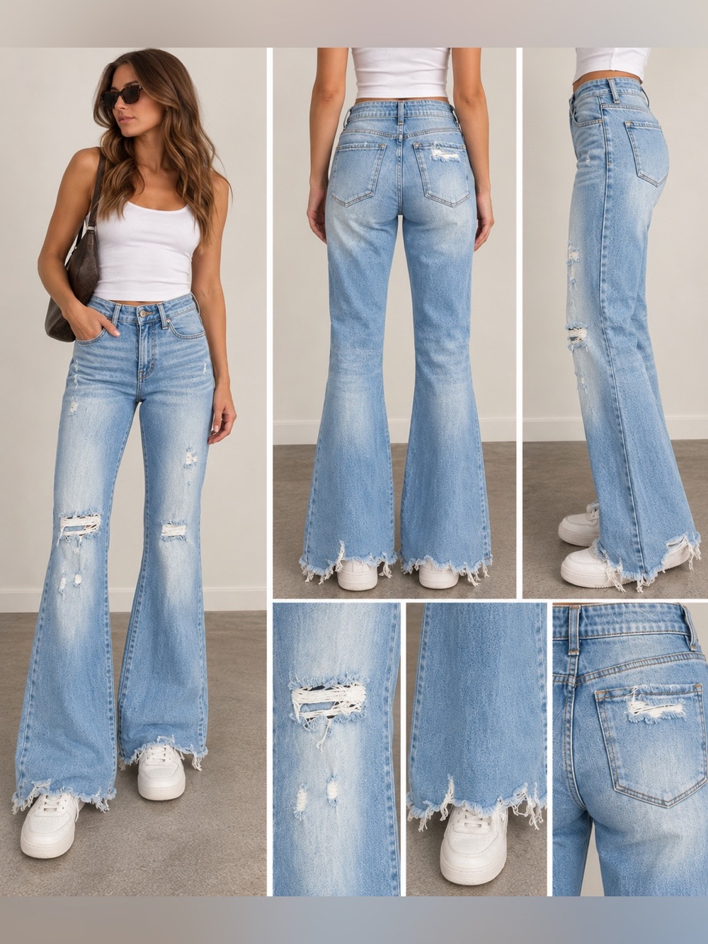 Flying Monkey Light Blue Distressed High-Rise Flare Jeans for Women